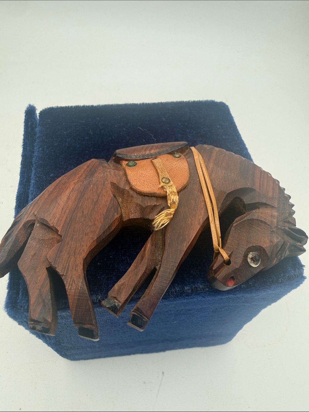 VTG 50’s wooden brooch pin hand-carved bucking horse leather saddle 4”